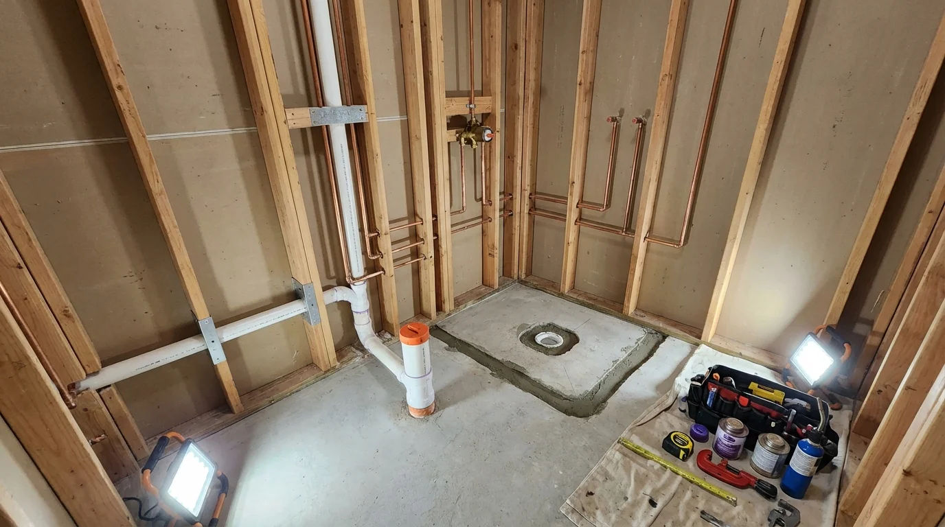 Bathroom rough-in plumbing during remodel by Johns Plumbing LLC in Fairchild Air Force Base