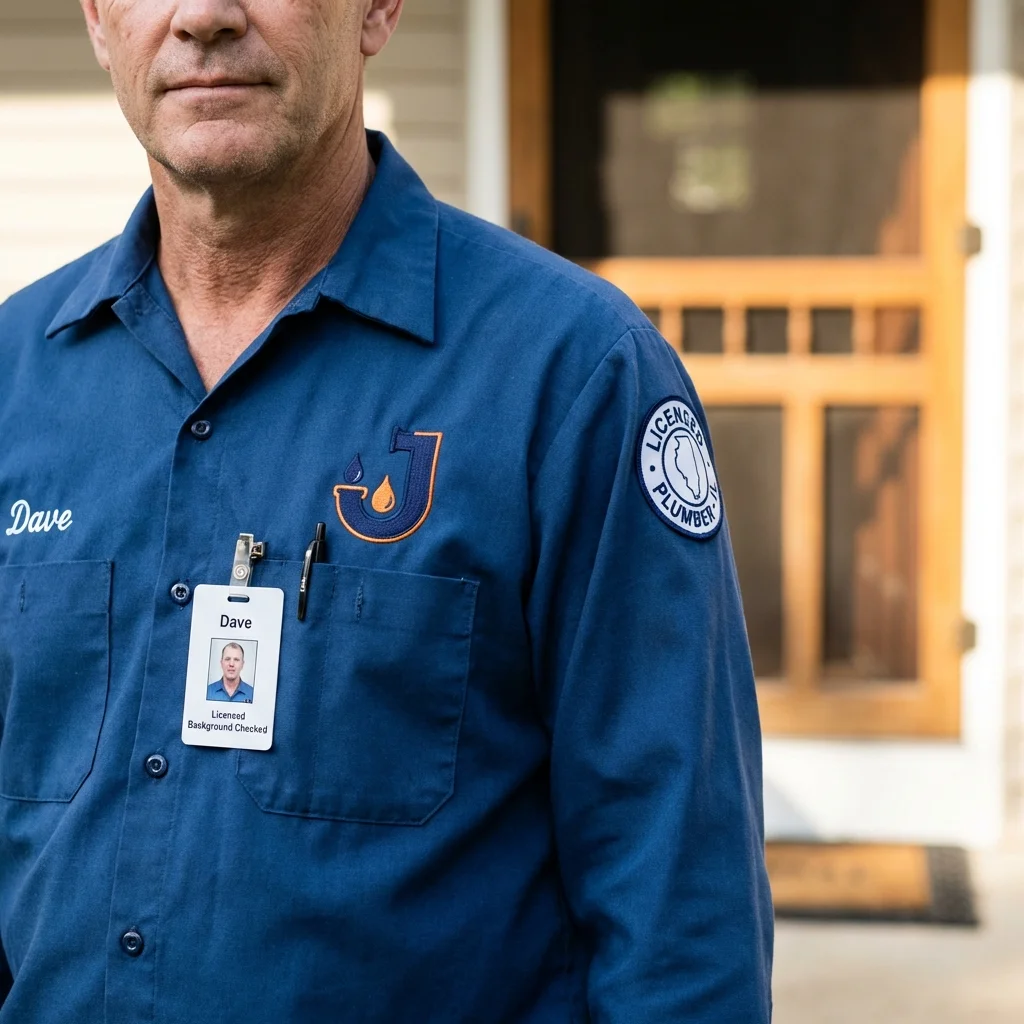 Licensed plumber showing ID badge in Fairchild Air Force Base, WA