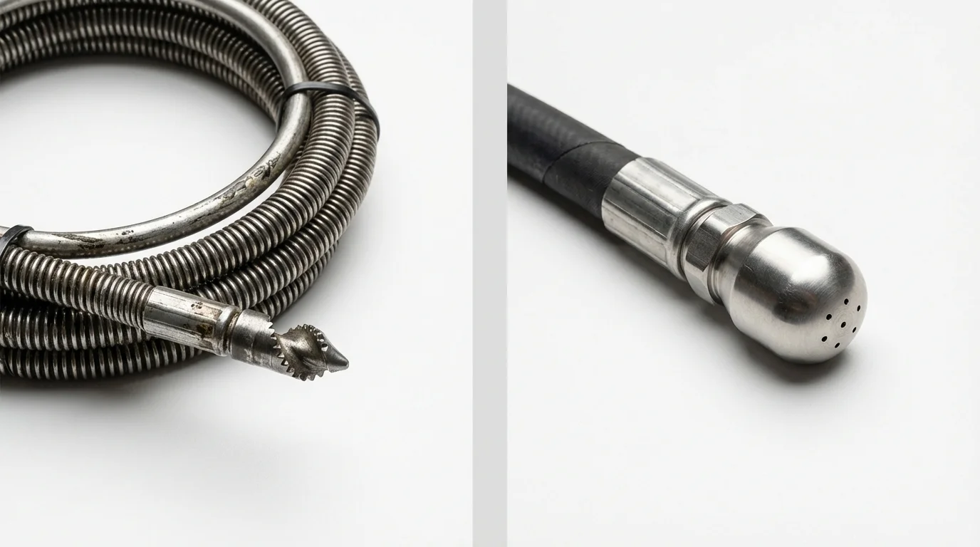 Drain snake cable and hydro jetting nozzle used for drain cleaning in Fairchild Air Force Base, WA