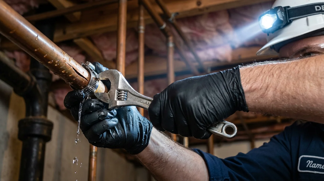 Emergency pipe clamp repair being performed by a Johns Plumbing LLC plumber in Fairchild Air Force Base