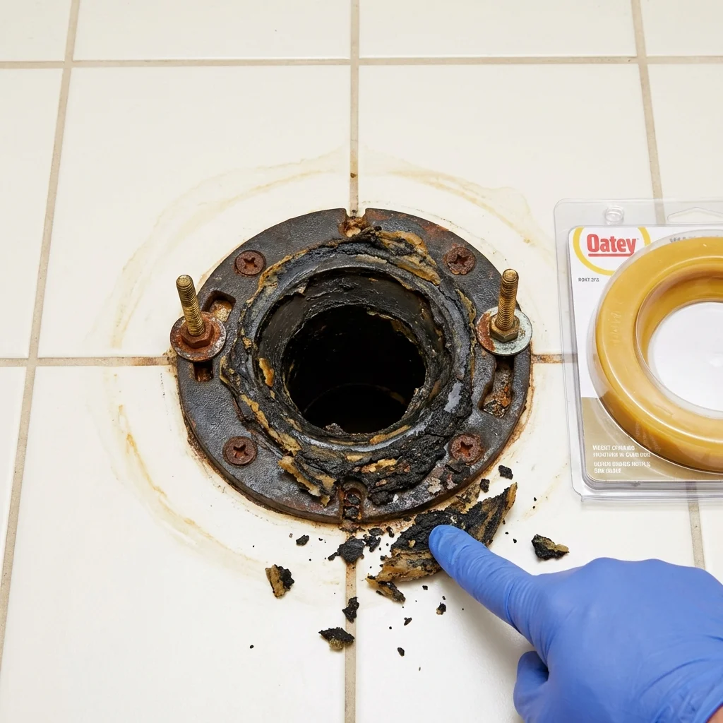 Failed wax ring showing water seepage at the base of a toilet in a Fairchild Air Force Base, WA home