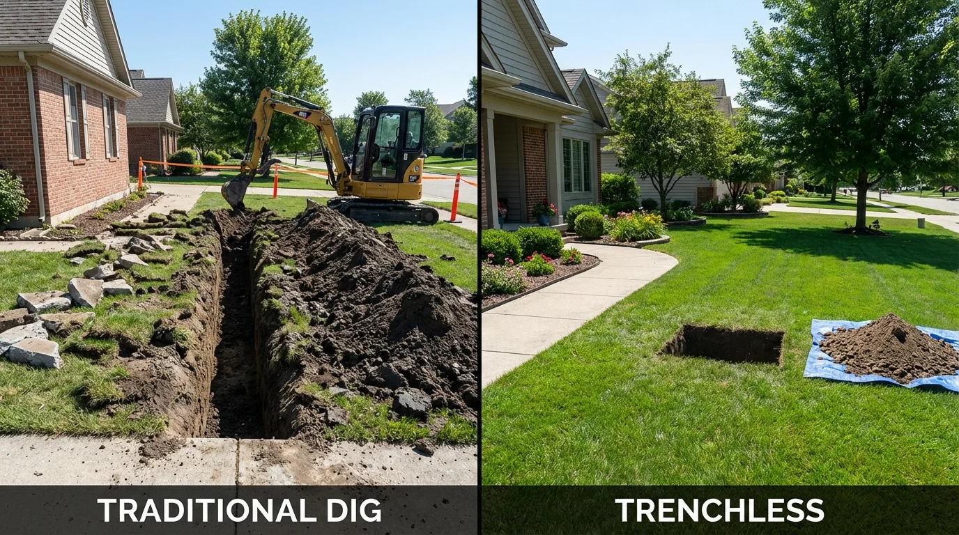 Trenchless sewer repair with minimal yard damage versus traditional excavation in Fairchild Air Force Base, WA