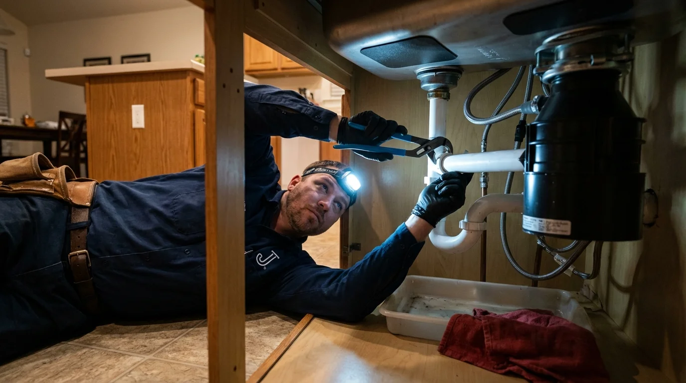 P-trap and supply line connections under a kitchen sink showing a common leak point in Fairchild Air Force Base, WA